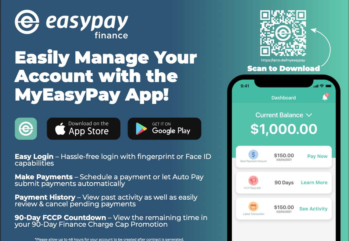 Promotional banner for MyEasyPay app, showcasing features and QR code for download.